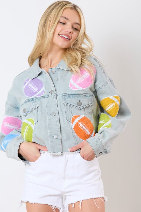 Football Towel & Sequin Embroidery Denim Jacket Online Sale - Image 3