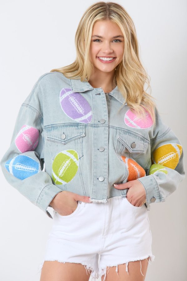 Football Towel & Sequin Embroidery Denim Jacket Online Sale