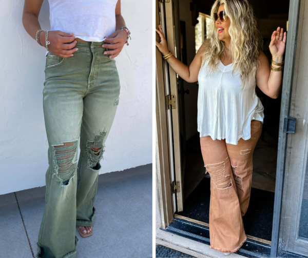 PREORDER: Blakeley Distressed Jeans In Olive and Camel on Sale