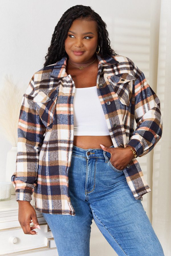 Double Take Plaid Button Front Shirt Jacket with Breast Pockets For Cheap