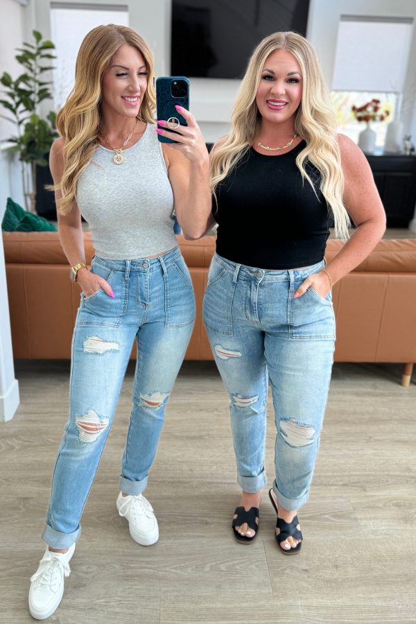 Aiden High Rise Patch Pocket Distressed Boyfriend Jeans For Cheap
