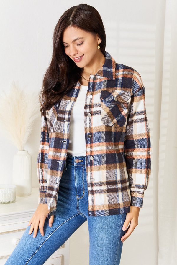Double Take Plaid Button Front Shirt Jacket with Breast Pockets For Cheap - Image 5