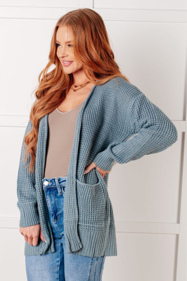 Everything Layer Waffle Knit Open Front Cardigan in Blue Grey on Sale - Image 4
