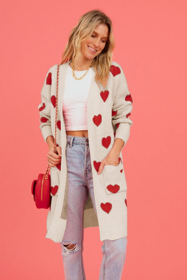 Heart Graphic Open Front Cardigan with Pockets For Sale - Image 3