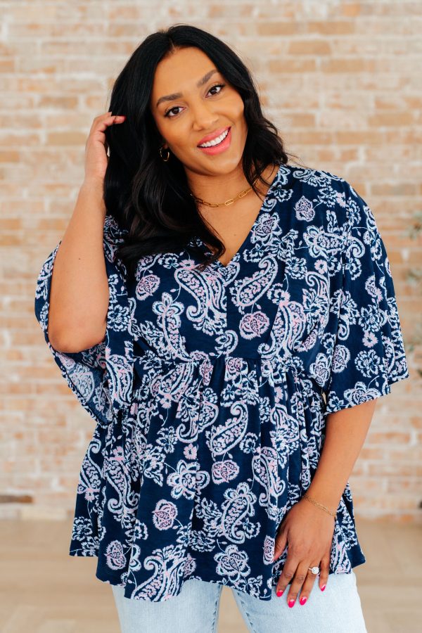 Dreamer Peplum Top in Navy and Pink Paisley Online Hot Sale