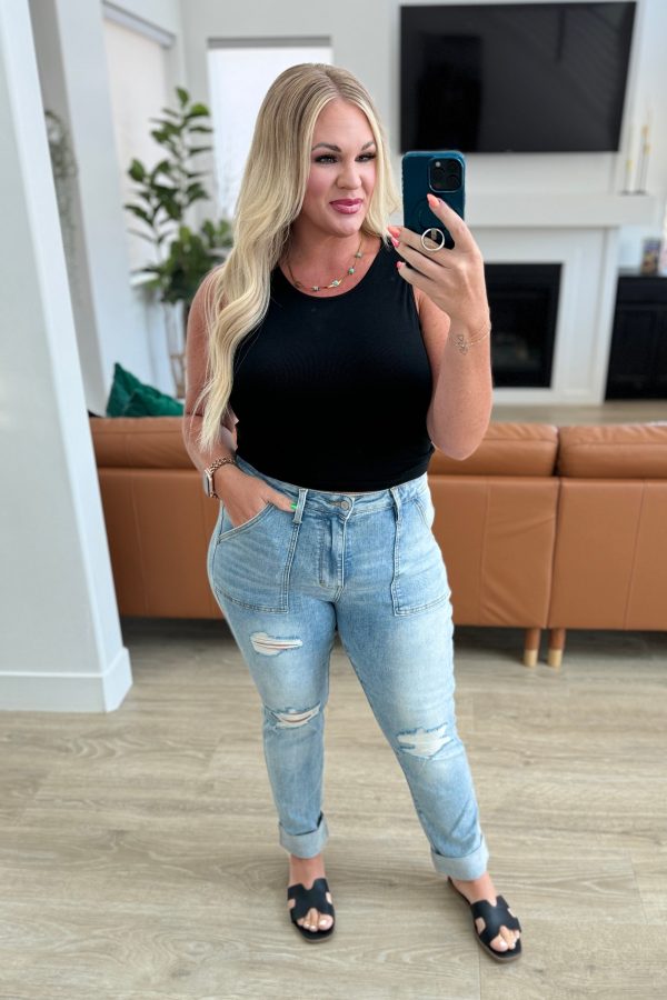 Aiden High Rise Patch Pocket Distressed Boyfriend Jeans For Cheap - Image 2