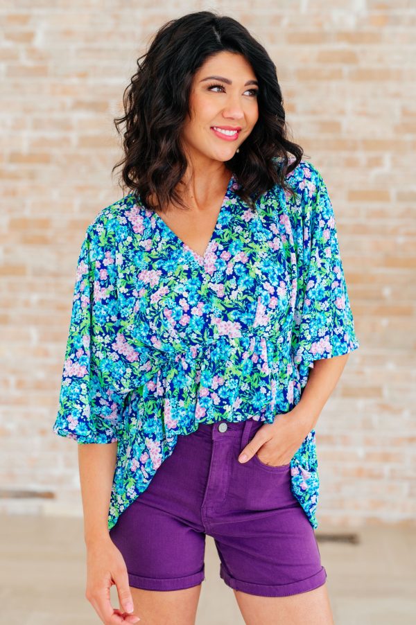 Dreamer Peplum Top in Navy and Mint Floral For Cheap - Image 3
