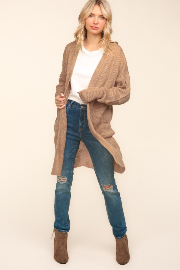 Stripe Textured Open Cardigan with Pockets in Taupe Cheap - Image 4