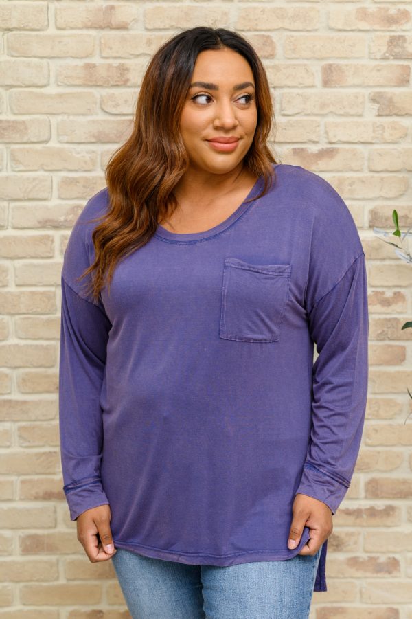Long Sleeve Knit Top With Pocket In Denim Blue Fashion