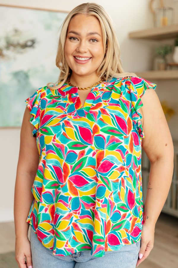 Lizzy Flutter Sleeve Top in Teal and Red Mod Floral For Sale - Image 2