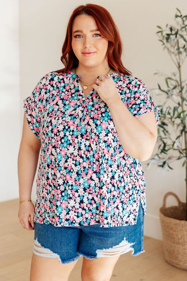 Lizzy Cap Sleeve Top in Navy and Hot Pink Floral Cheap