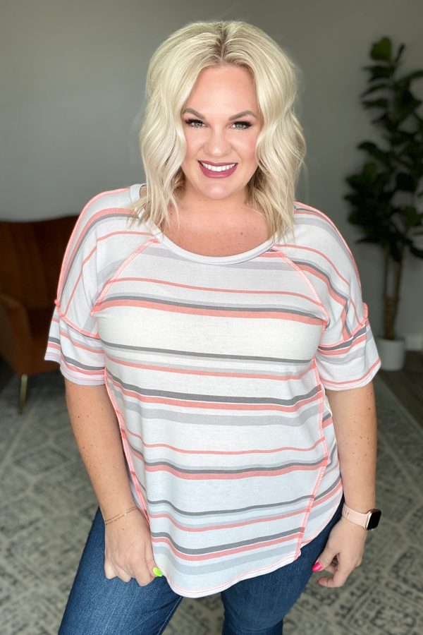 Round Neck Drop Shoulder Striped Top on Sale