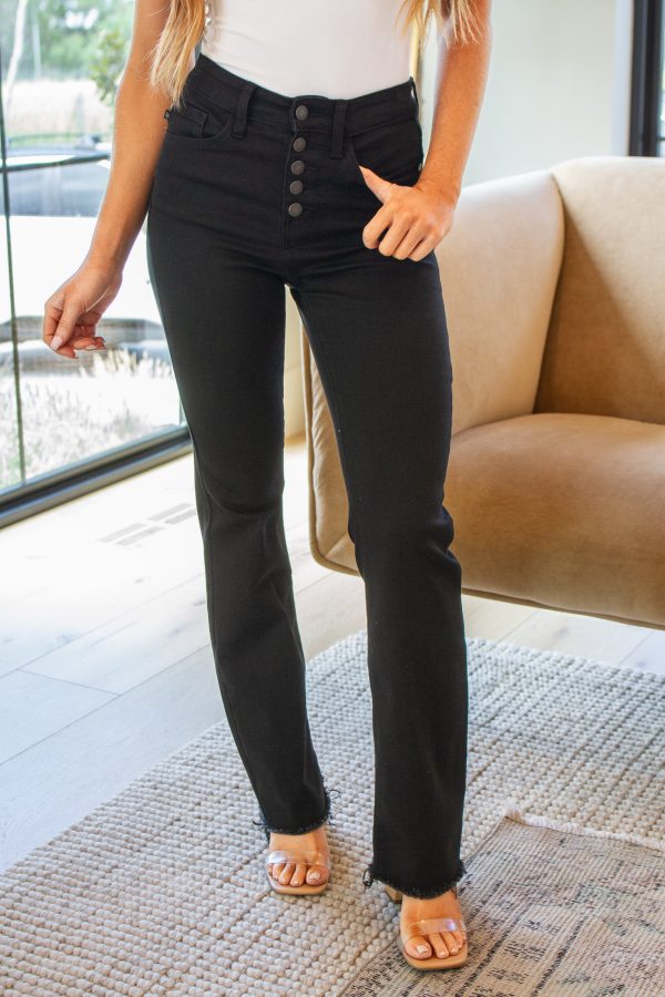 Harriet High Rise Button Fly Bootcut Jeans in Black For Sale
